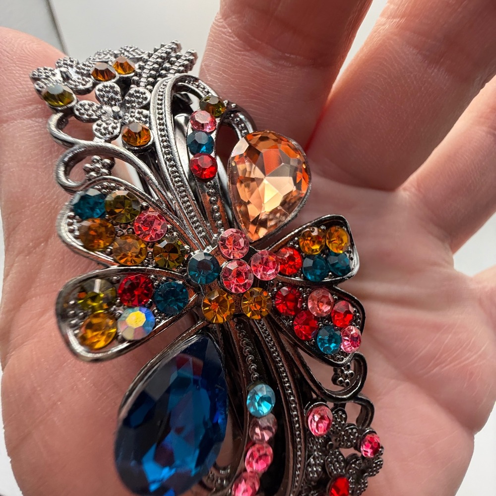 Multicolor Rhinestone Floral Barrette Large Jeweled Hair Clip Gunmetal 4" - Picture 4 of 9